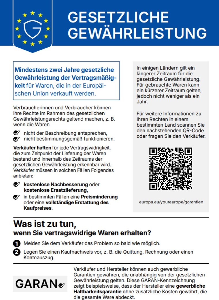 Gesetzliche Gewährleistung: mindestens zwei Jahre gesetzliche Gewährleistung für die Vertragsmäßigkeit der Ware
